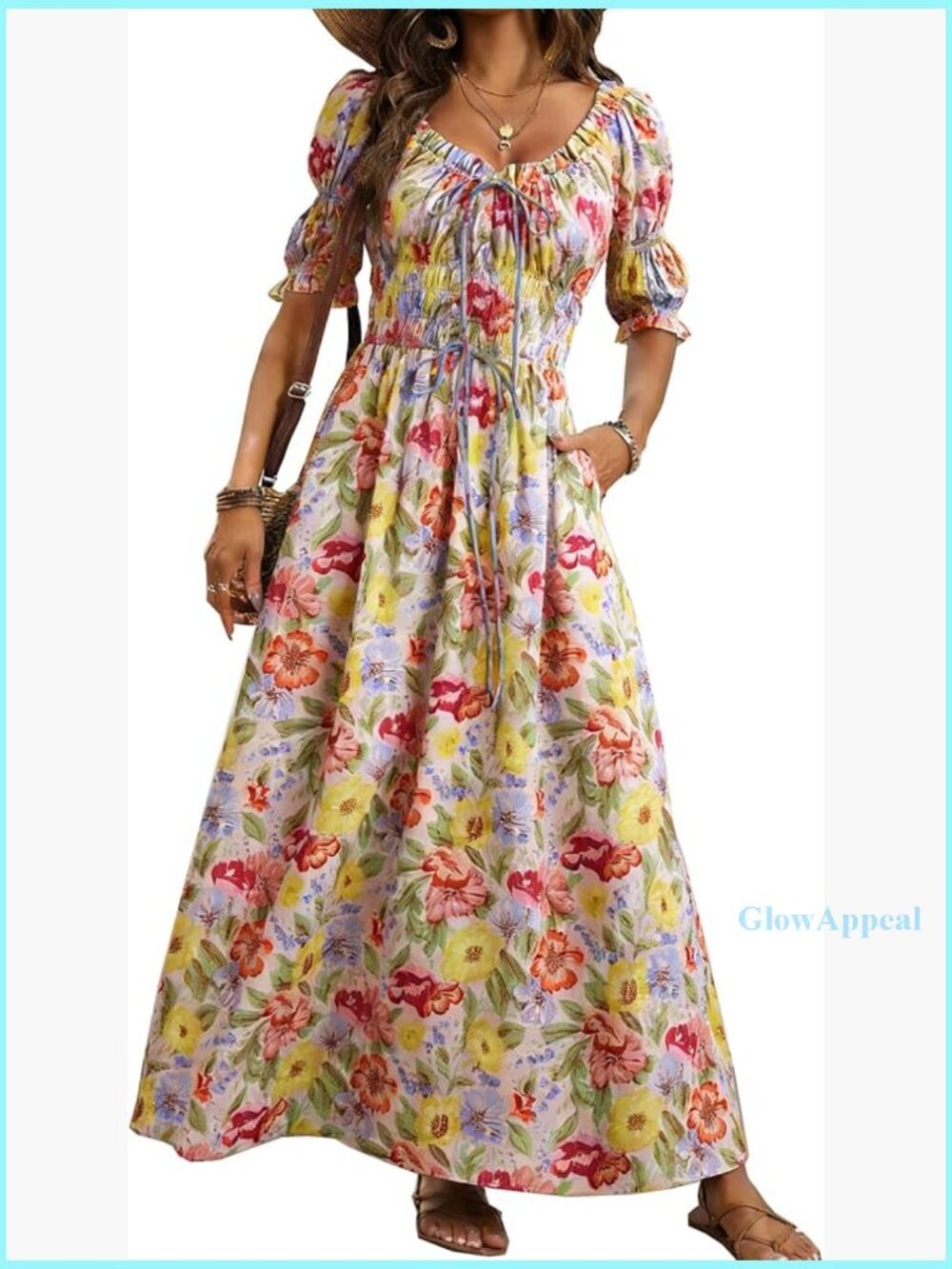 Puff Sleeve Maxi Dress with Smocked Bodice, Pockets, A-Line
